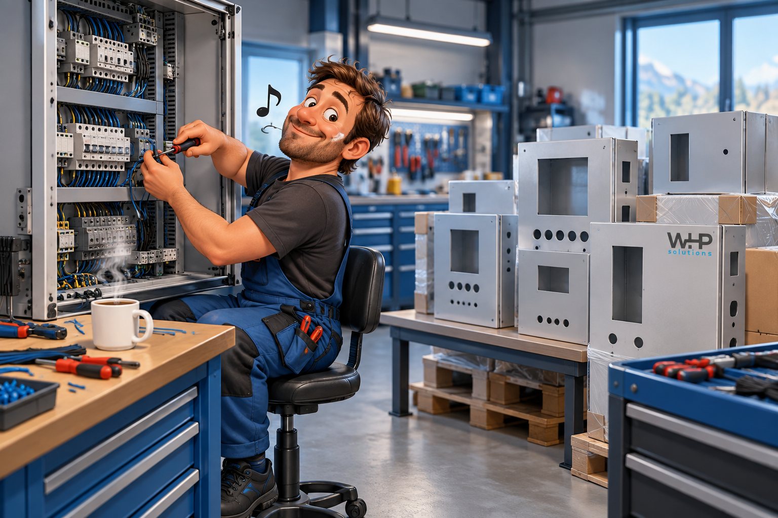 Cartoon: a relaxed, cheerful panel builder wiring a cabinet, next to finished machined enclosures