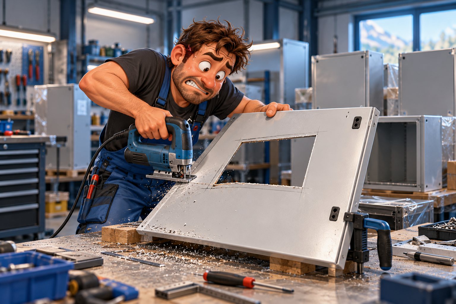 Cartoon: a stressed, sweating panel builder sawing a cut-out into an enclosure door